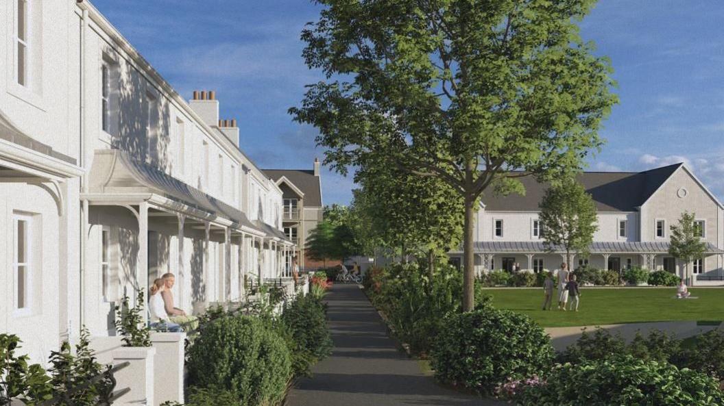 A residential neighbourhood with grey/white houses featuring porches and chimneys. A tree-lined pathway runs through the cente, bordered by green bushes and plants. People are seen enjoying the outdoors, with some sitting on porches and others walking or standing on a grassy area in front of a larger building in the background.