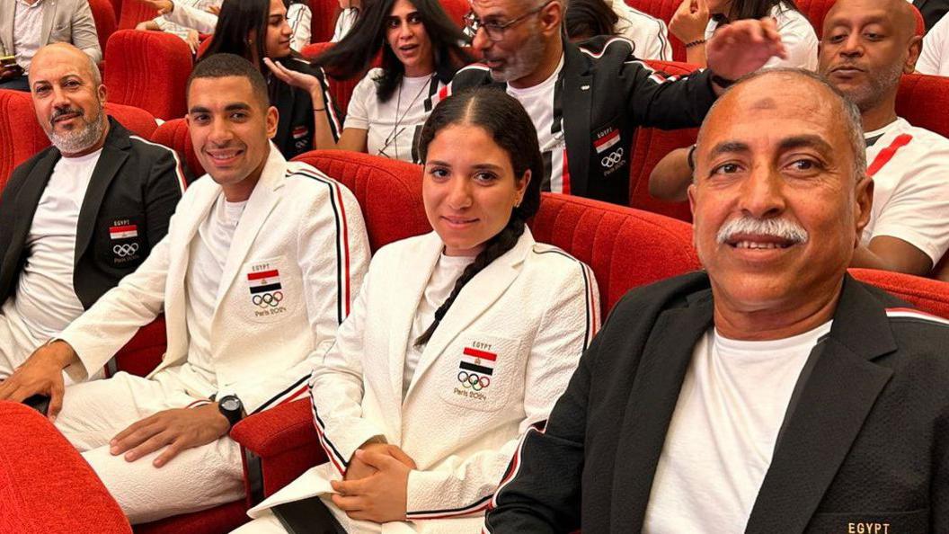 Shahd Saeed (2nd right) with other members of Egypt's Olympic cycling team (9 July 2024)