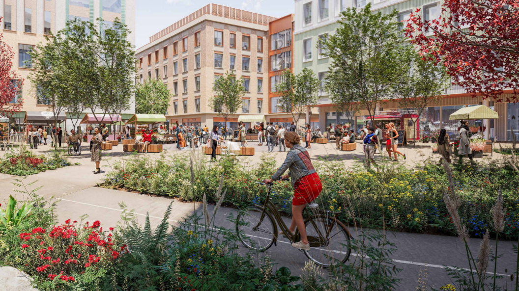 An artist's impression of what the redeveloped Beehive Centre would look like. There are four and five-storey buildings, foliage, people socialising and cycling. 