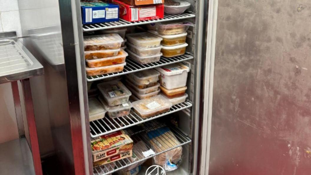 Containers of food in a freezer in a kitchen. The door is open and a metal counter is to the left. 