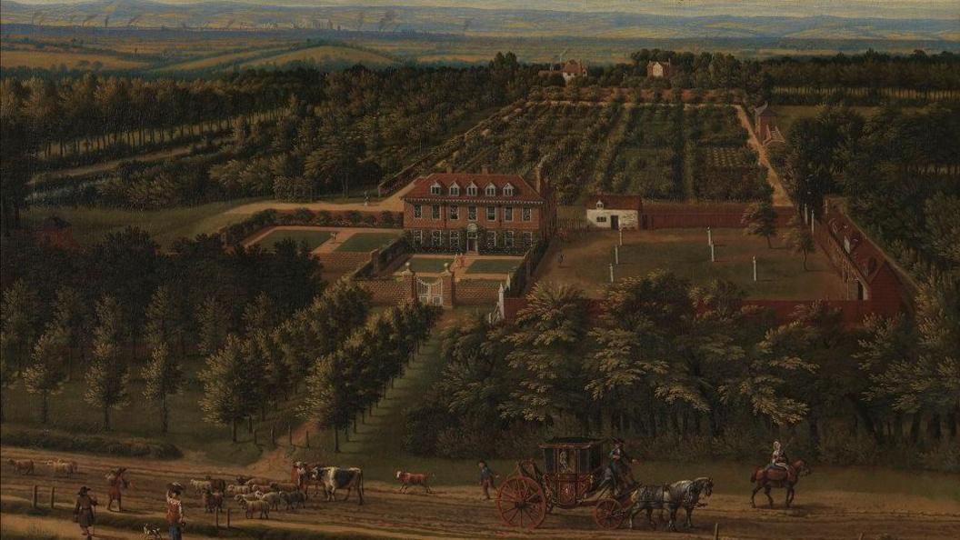 Jan Siberechts’s View of a House and its estate in Belsize, Middlesex
(1696). Green stretches as far as the eye can see, with Westminster Abbey far on the horizon.