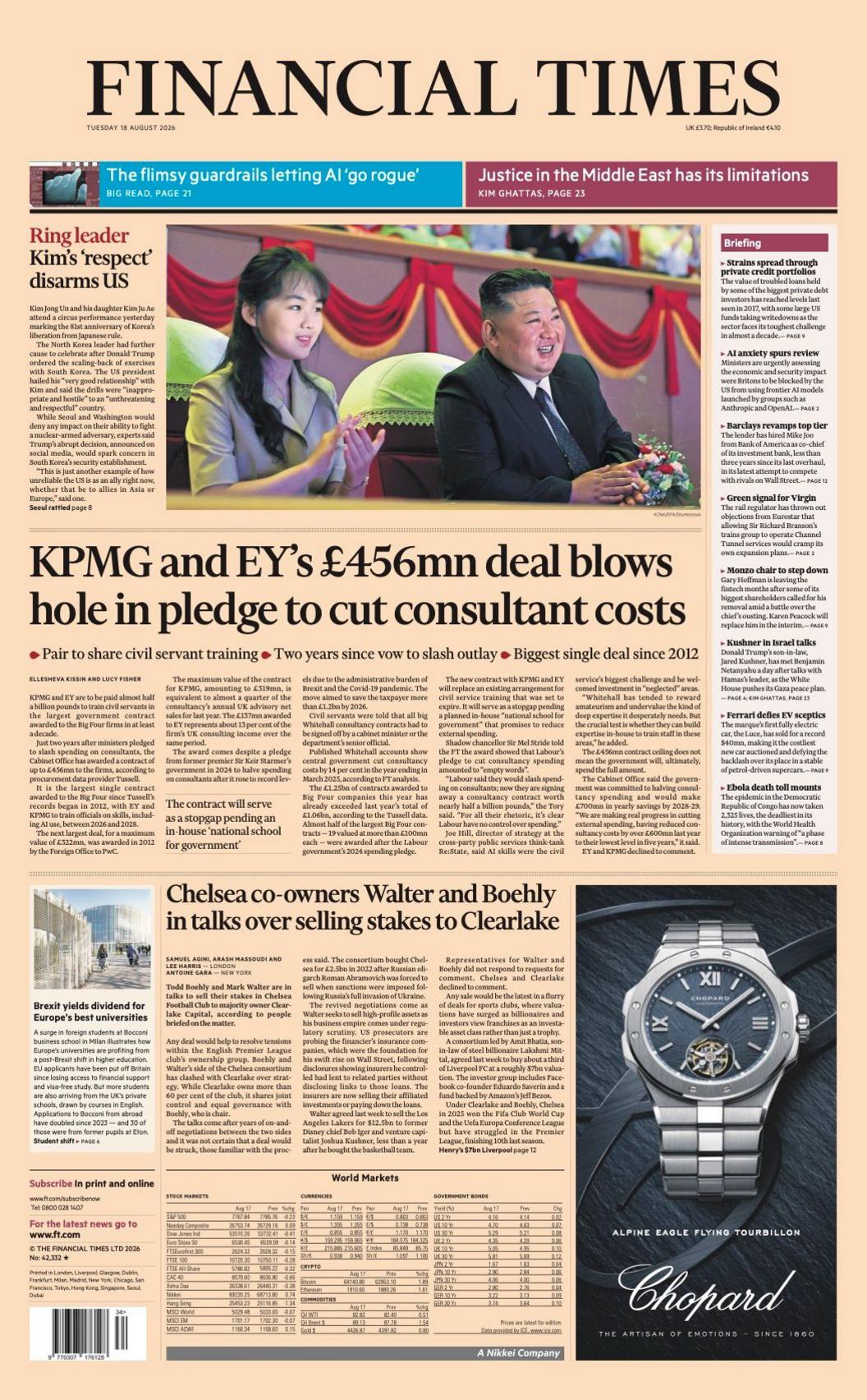 The headline on the front page of the Financial Times reads: "Ring leader Kim 'respect' disarms US."
