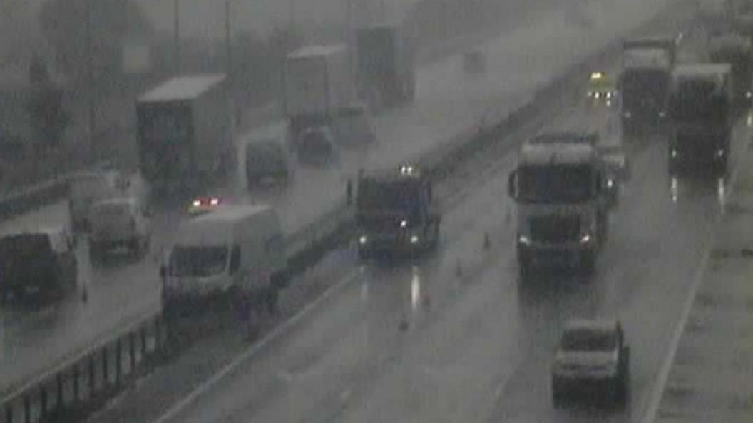 A camera image of a van which has crashed into the central reservation of the M62 motorway