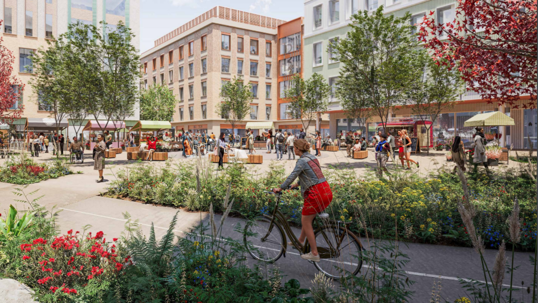 An artist's impression of what the redeveloped Beehive Centre would look like. There are four and five-storey buildings, foliage, people socialising and cycling.