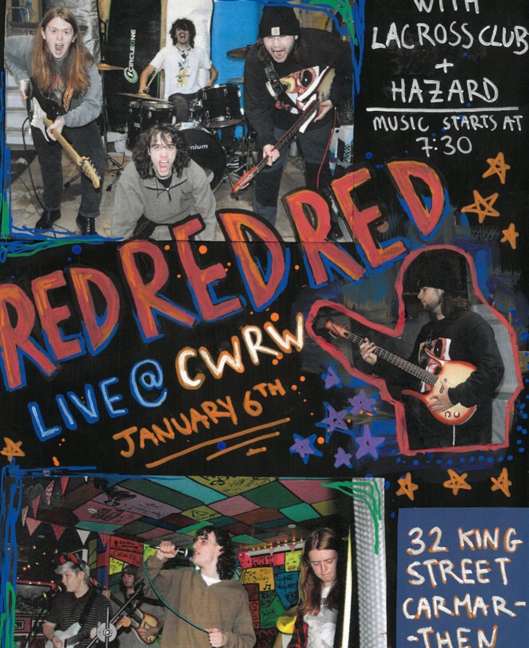 Poster gig RedRedRed yn fyw yn Cwrw, Caerfyrddin Ionawr y 6ed am 7:30