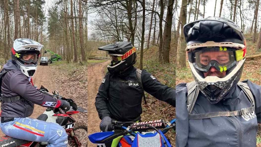 Three men in motorcycle helmets in a woodland 