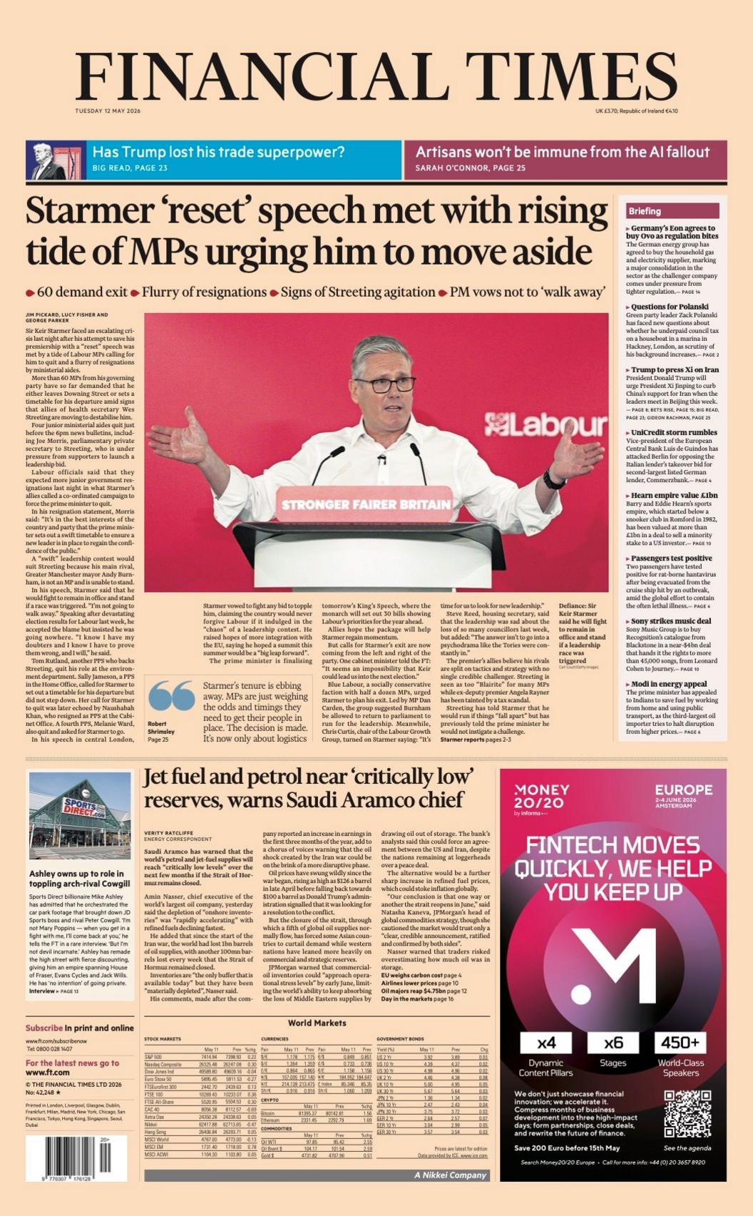 Titulli në faqen e parë të Financial Times thotë: “Fjalimi i Starmer për ‘rifillimin’ u përball me një valë gjithnjë e në rritje të deputetëve që e nxisnin të largohej”.