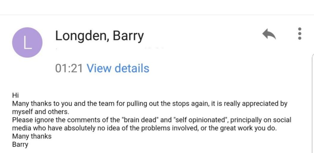 Email from Barry Longden