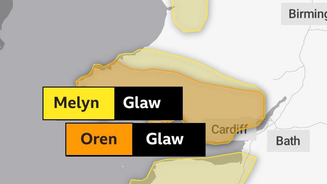 Map o ardal y rhybudd tywydd