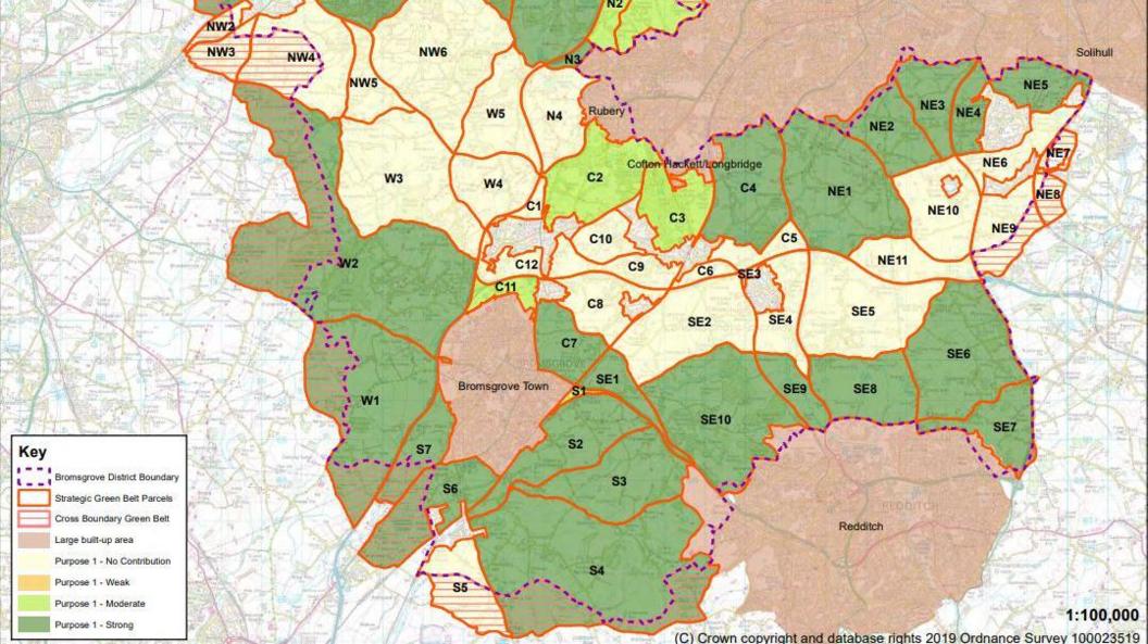 Map of Bromsgrove's green belt. separated into parcels of land. labelled with different colours depending on how likely they are to be built on