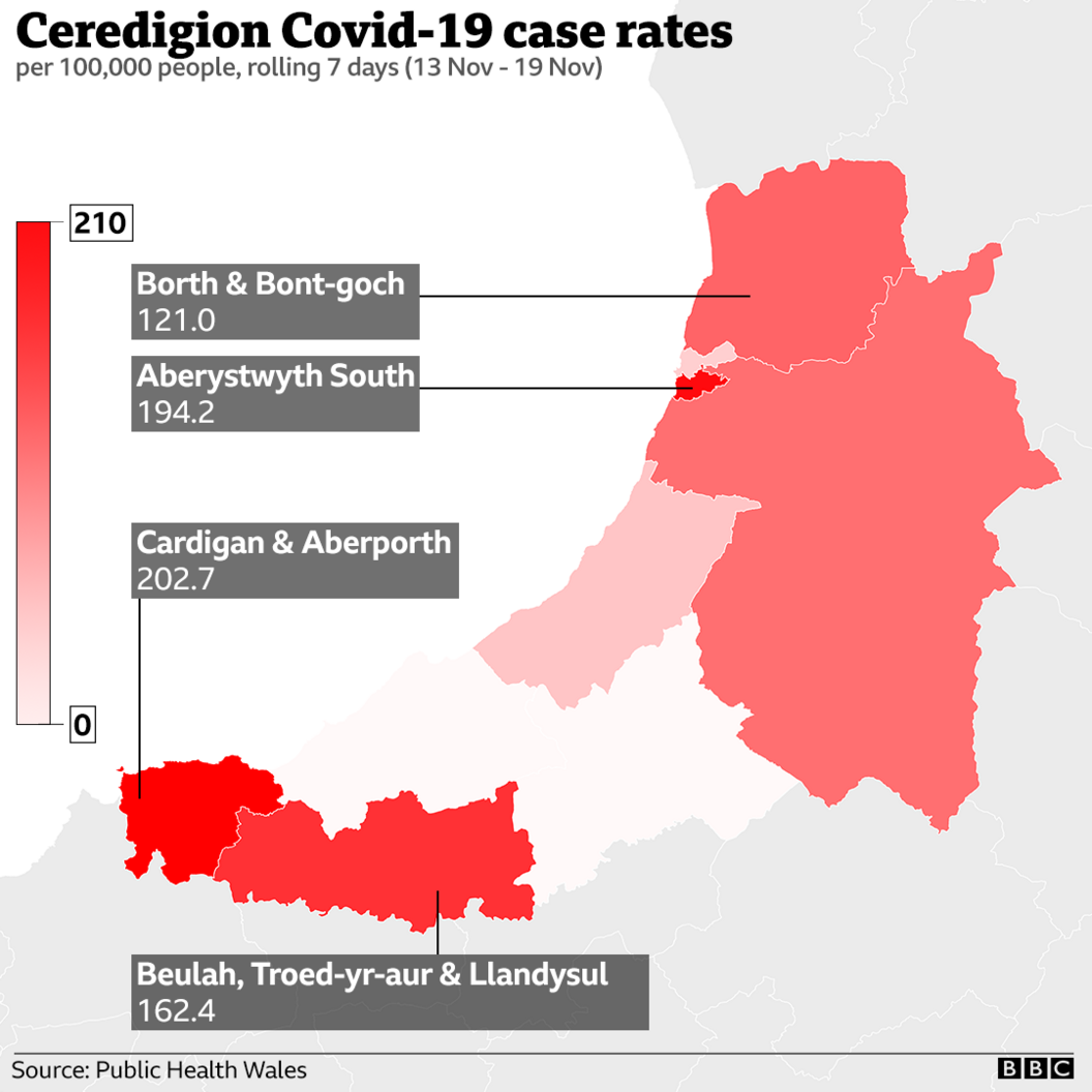 Map of Covid cases in areas of Ceredigion