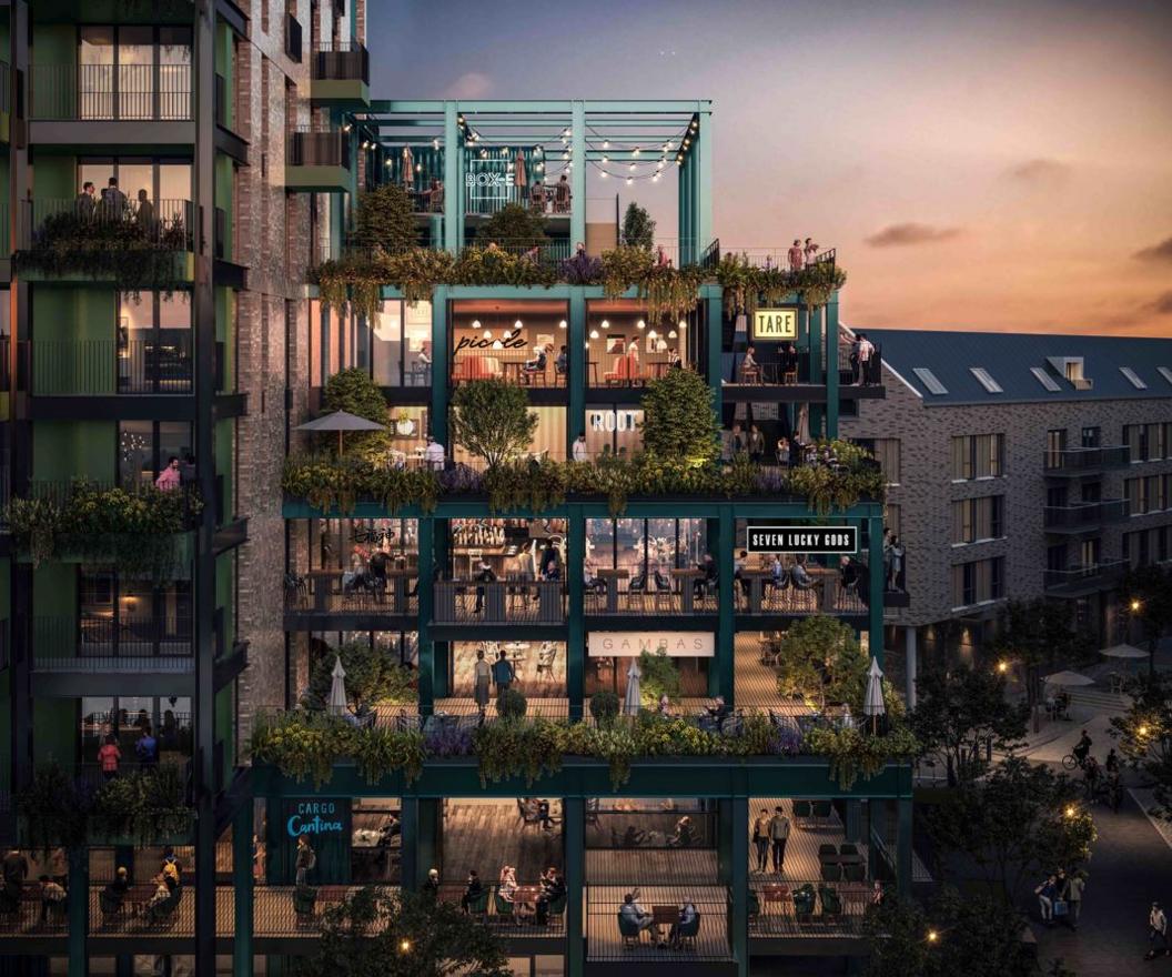 A CGI image of a building with multiple outdoor terraces