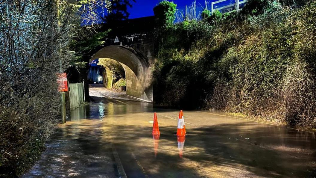 A railway tunnel with flooded water and bollards underneath