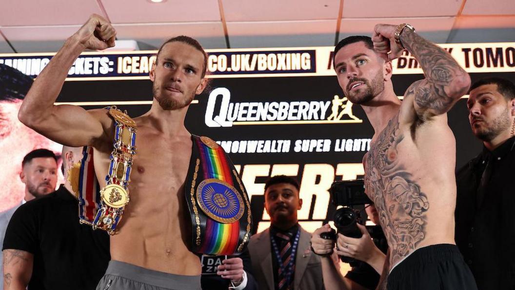 Jack Rafferty (left) faces off with Mark Chamberlain after the pair weigh in for their fight