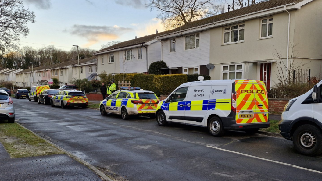 A row of cream and white semi-detached houses with two police vans and two police cars parked on the road outside, among other cars. Two police officers can be seen outside one of the houses 