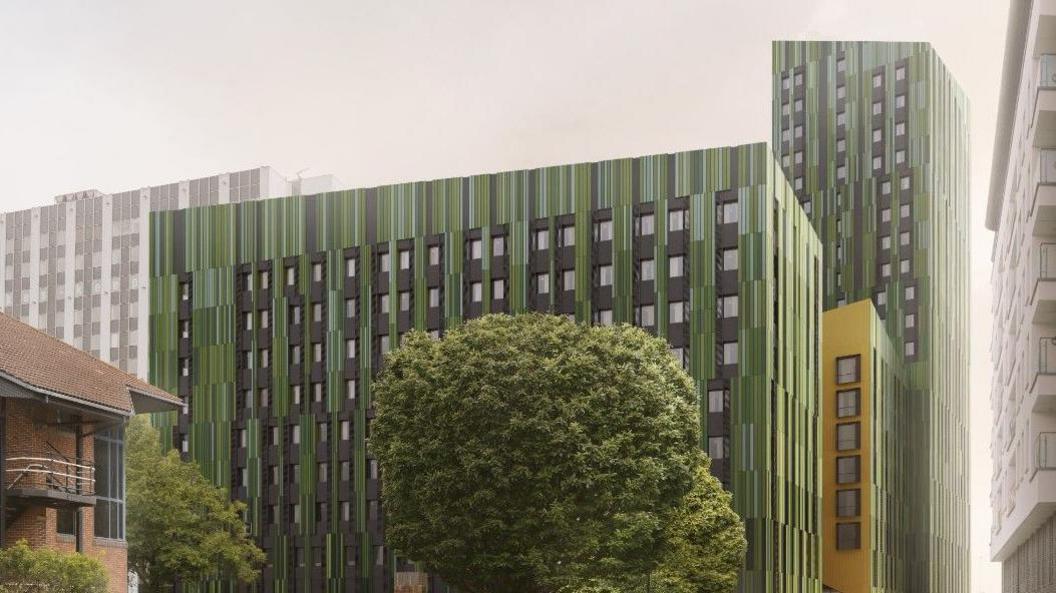 A computer generated image of a modern block of flats with stripy green cladding, and with older buildings and some trees surrounding it.