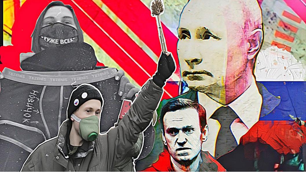 Protestors, Alexei Navalny and Putin.