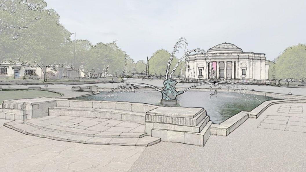 CGI of restored fountain and pond in Port Sunlight