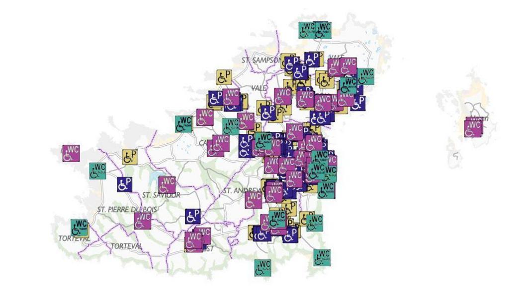 A screenshot of the map. The map is white and shows the outline of Guernsey, Herm and some of the major roads. Different coloured icons show the location of disabled parking and toilets. 