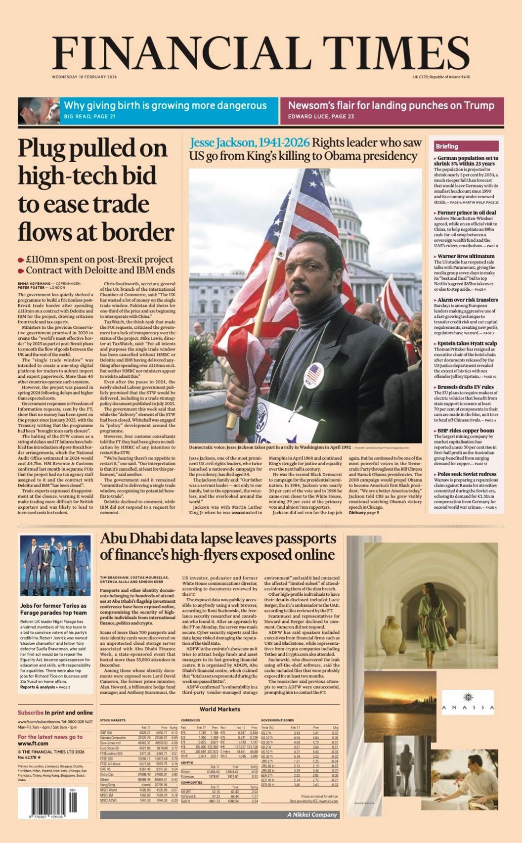 The front page of the Financial Times reads: "Plug pulled on high-tech bid to ease trade flows at border." 