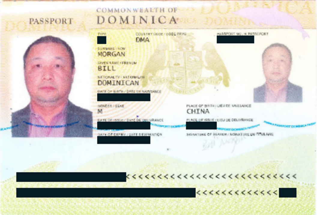 Dominican passport for Liang Lingfei, showing his other name Bill Morgan 