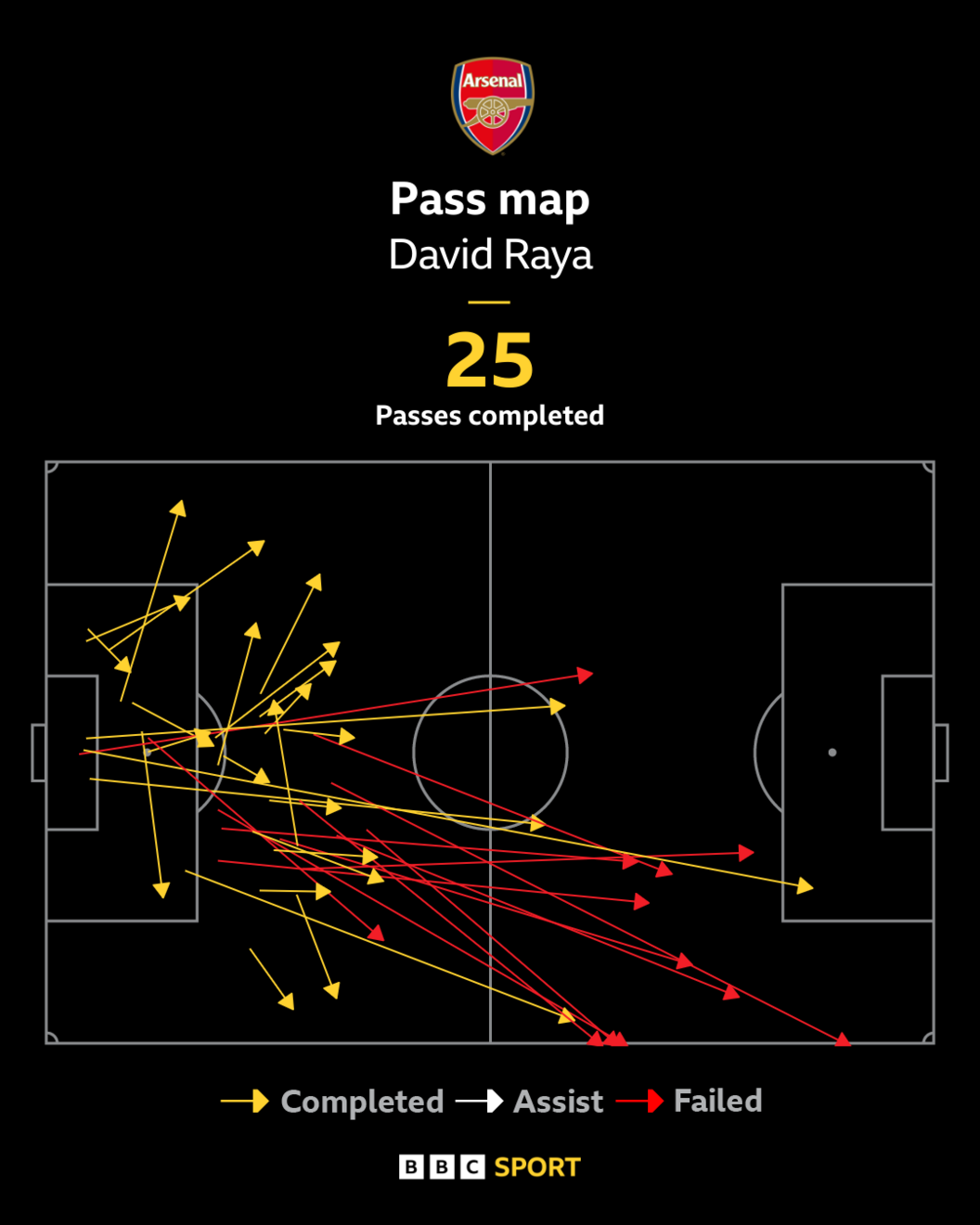 Graphic showing David Raya's pass map against Manchester City and the number of times he played the ball long, into City's half.