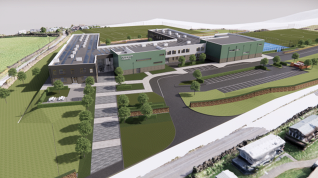 An artist's impression of Perranporth Academy. The aerial graphic shows a large school building with a floorplan not entirely dissimilar to a capital H. The school has a large grounds in front of it which includes a car park.