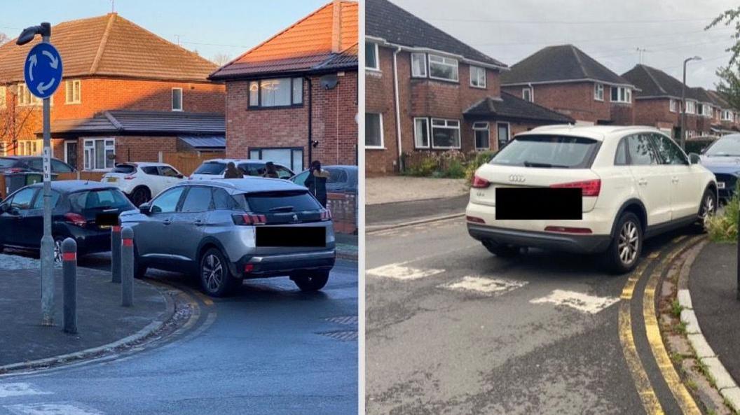 A composite of two images. The left image shows a silver/grey car parked on a double yellow line. The right one shows a white Audi parked on a double yellow line