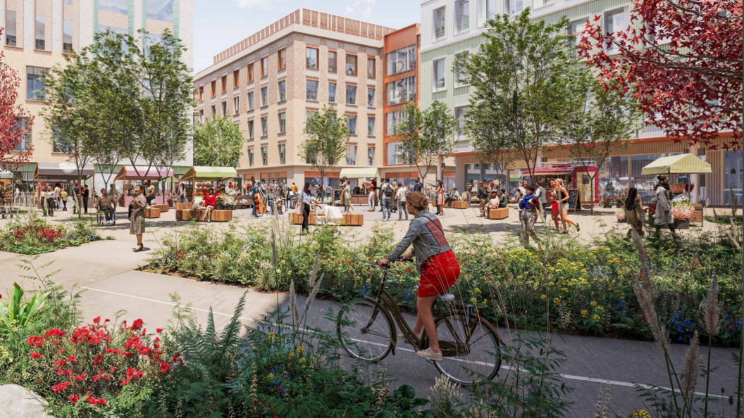 An artist's impression of what the redeveloped Beehive Centre would look like. There are four and five-storey buildings, foliage, people socialising and cycling. 