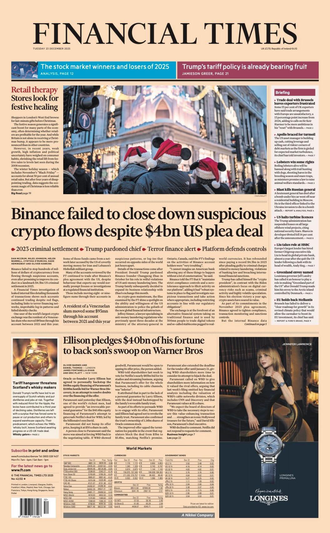 Titulli në faqen e parë të Financial Times thotë: "Terapia e shitjes me pakicë: Dyqanet kërkojnë shërim festiv".