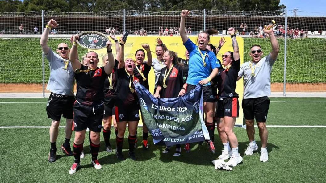 Jess Sigsworth and Abbie McManus celebrate with their team-mates after winning the ESFL European Tournament in Salou.