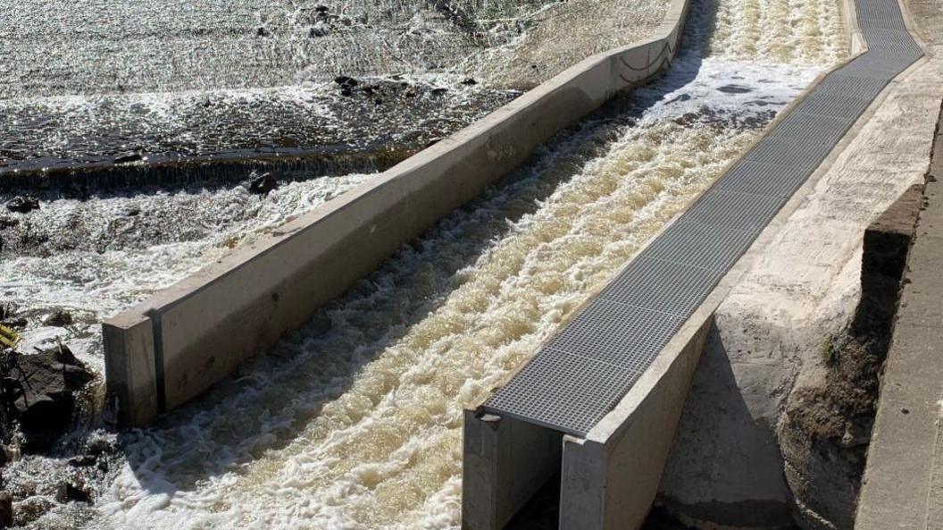 A concrete fish pass runs alongside a weir, designed to enable fish to navigate the weir.