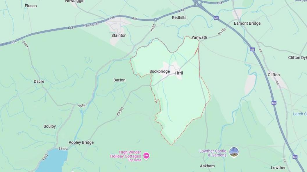 A map showing the boundary of Sockbridge and Tirril in Cumbria. the area is south of Stainton and east of Clifton.
