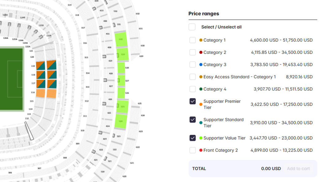 A map of the Azteca stadium showing England supporter tickets available for resale at inflated prices