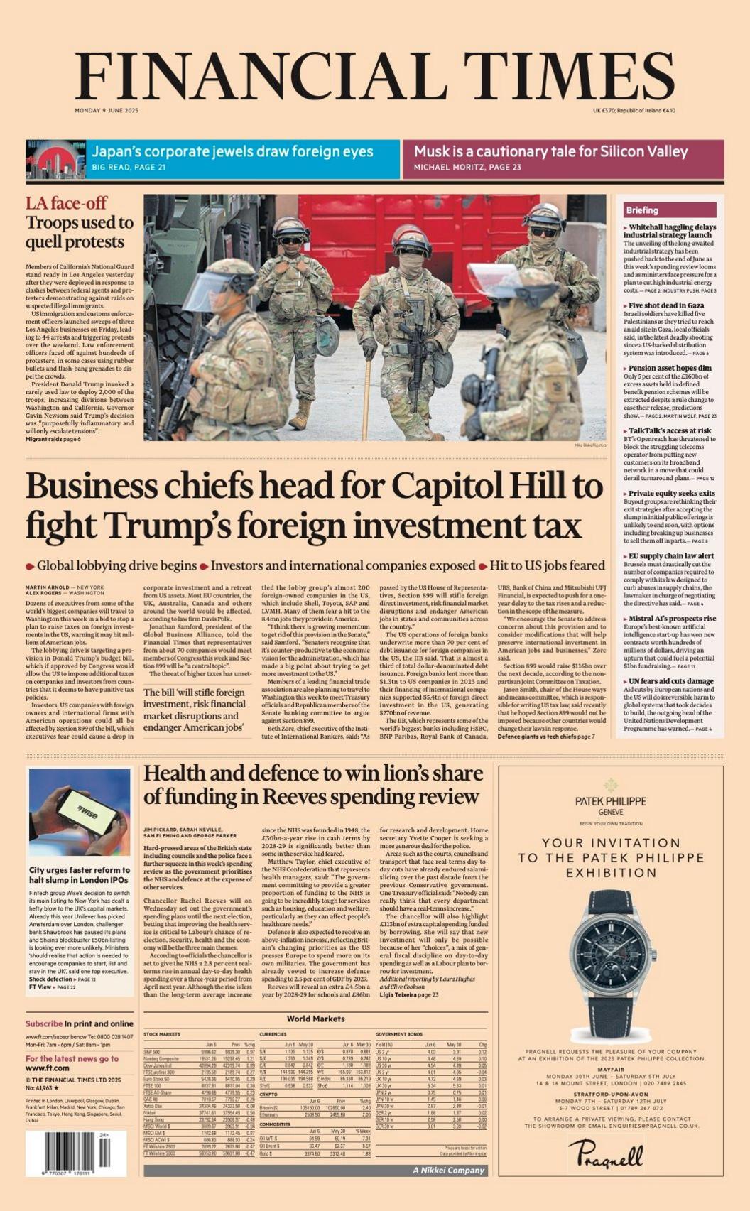 The headline on the front page of the Financial Times reads: "Business chiefs head for Capitol Hill to fight Trump's foreign investment tax".
