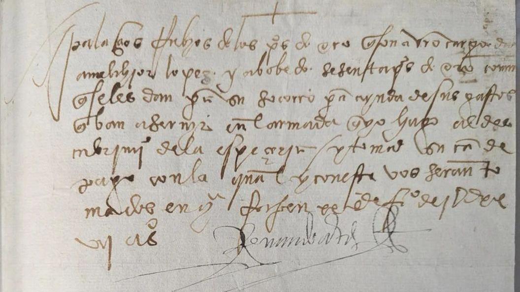 A handwritten page signed by Hernan Cortes