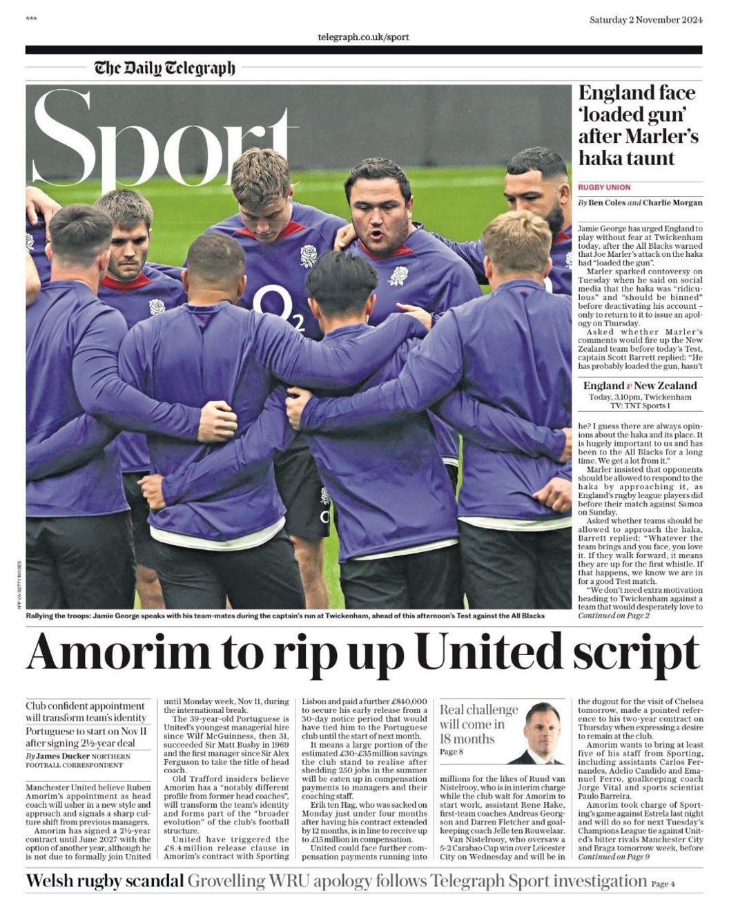 Telegraph sport page: 'Amorim to rip up United script'