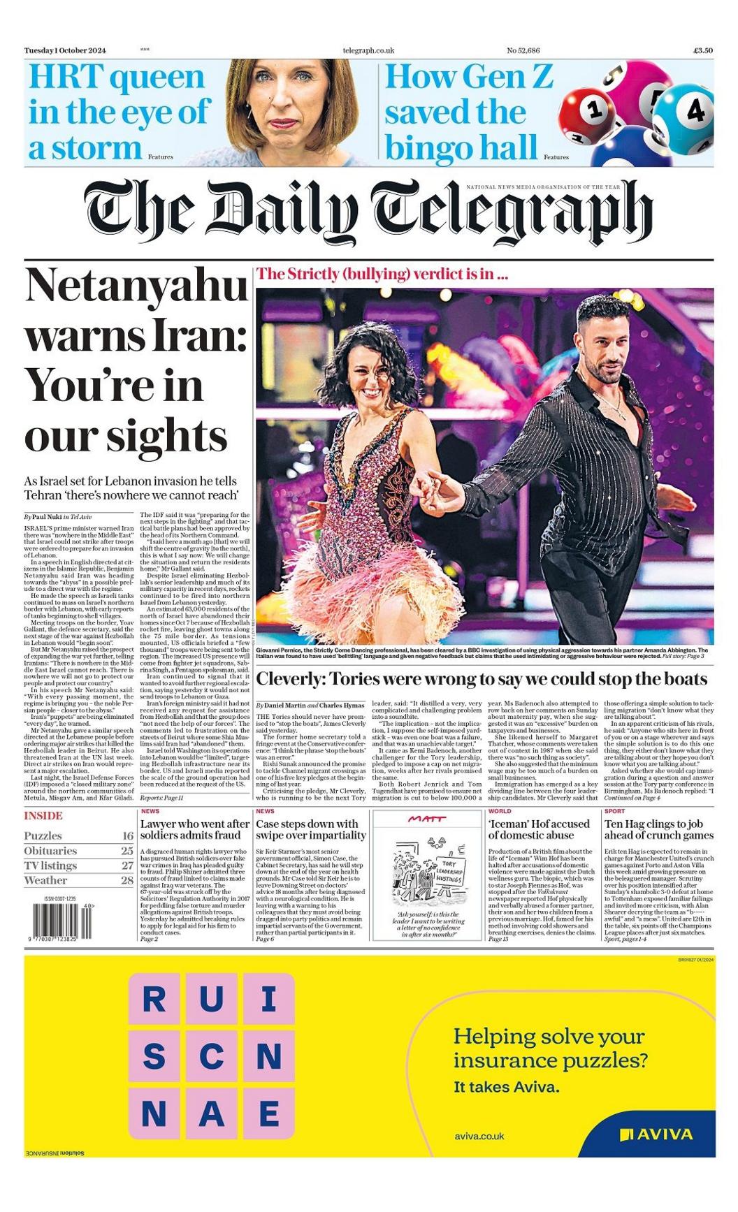 The Daily Telegraph front page for 1 October  