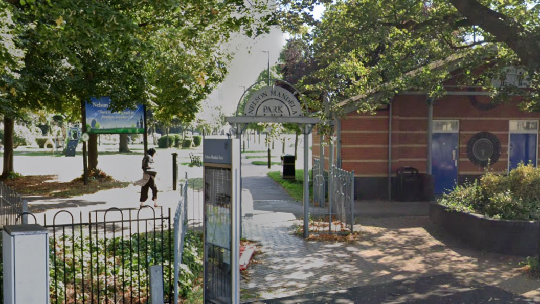 The entrance to Nelson Mandela Park on a sunny day