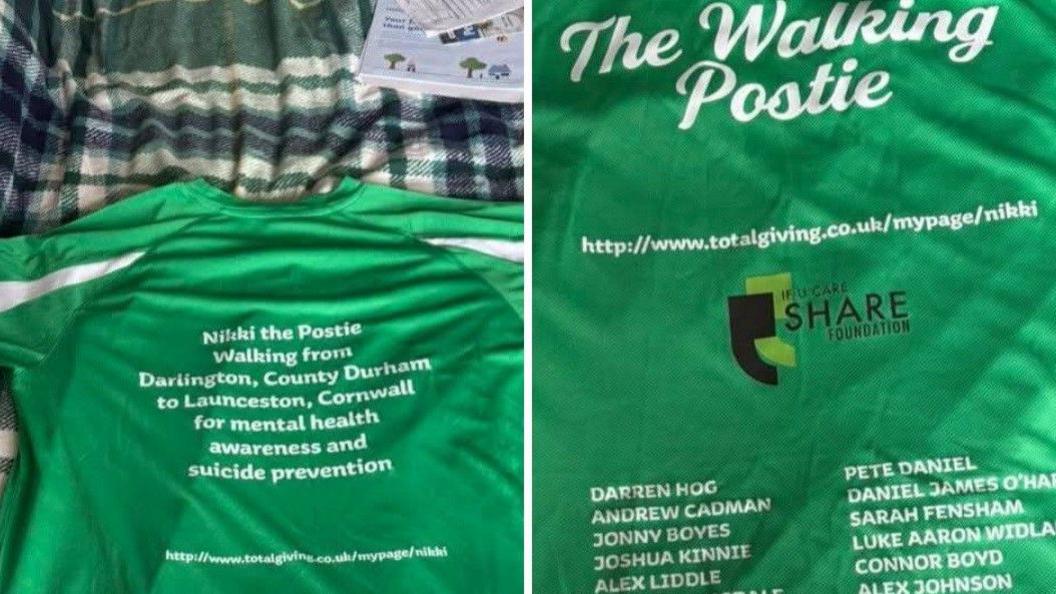Two pictures of green shirts. The one on the left has the text 'Nikki the Postie walking from Darlington, County Durham to Launceston, Cornwall for mental health awareness and suicide prevention' in white. On the right-hand picture it has the words 'The Walking Postie' followed by names underneath.