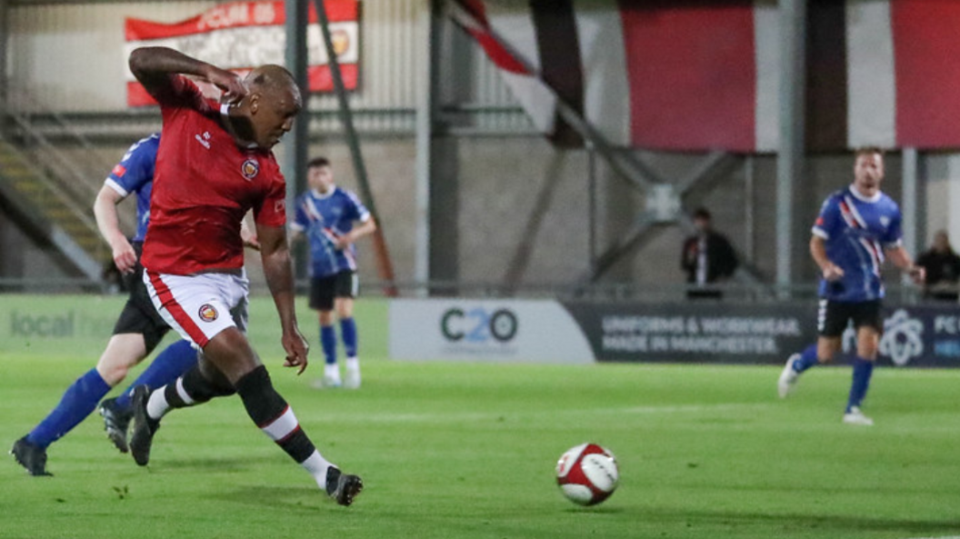 Andre Wisdom scores for FC United of Manchester against Whitby Town on 19 August
