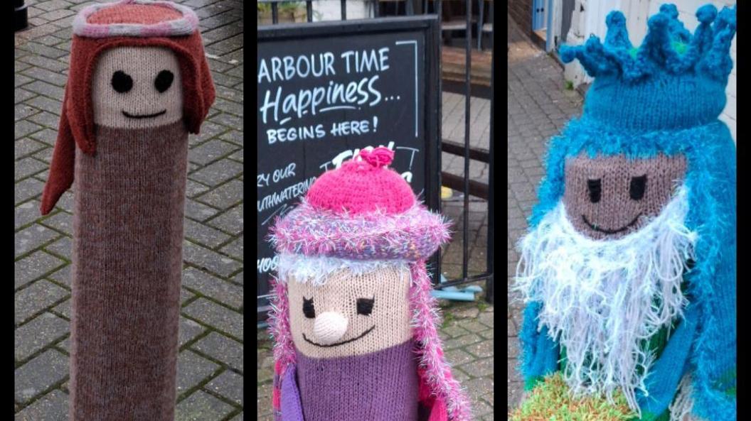 A collage with three photos next to each other. The pictures show knitted covers placed over bollards depicting characters from the nativity. This picture shows Joseph and two wise men.