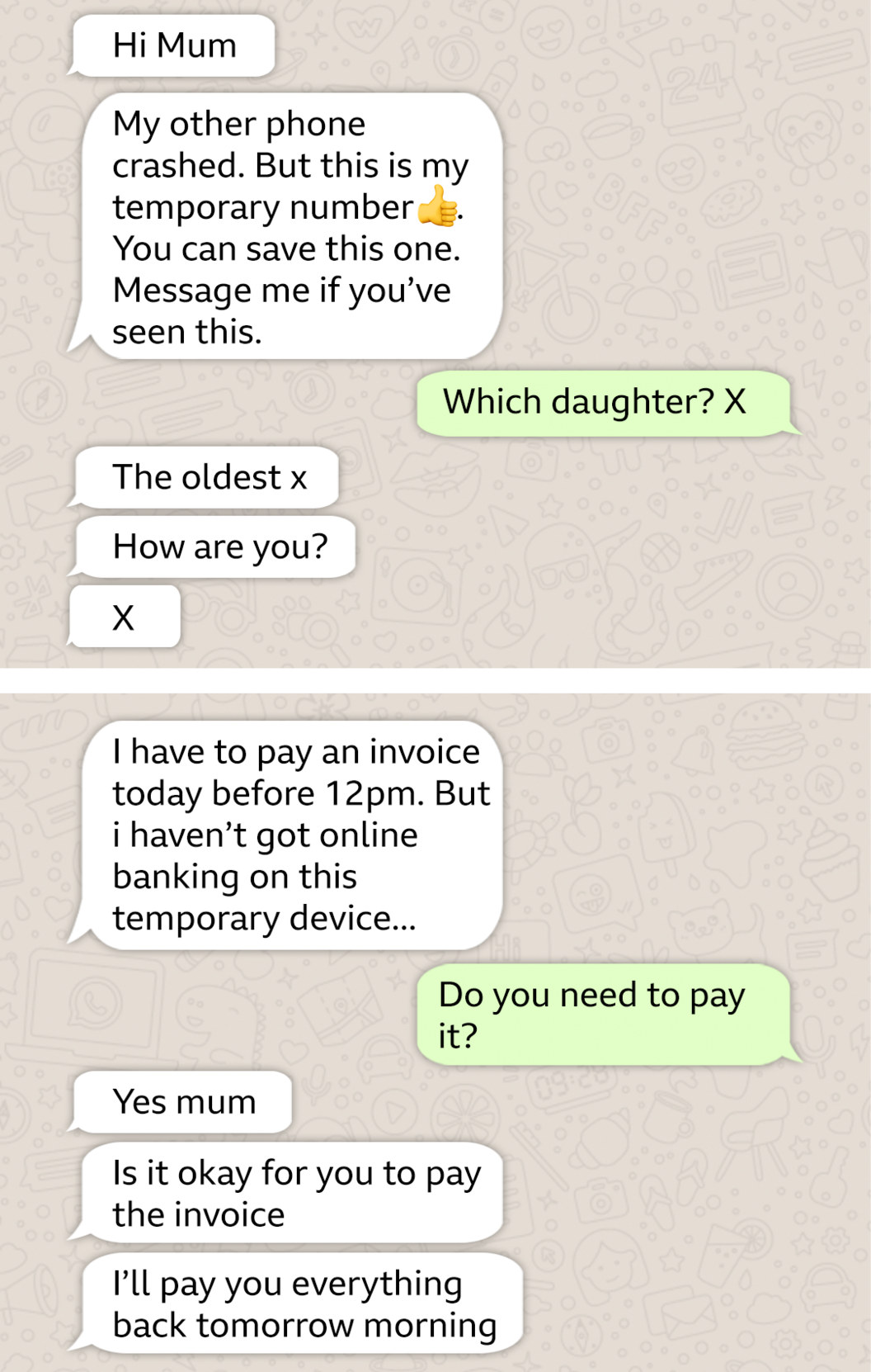 A graphic showing the WhatsApp exchange between a fraudster and Sarah Capper