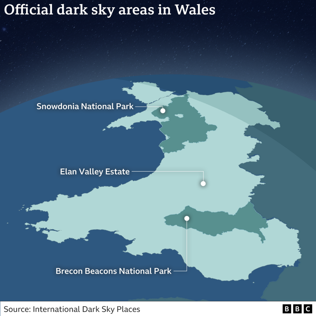 Map graphic showing where in Wales has dark sky titles