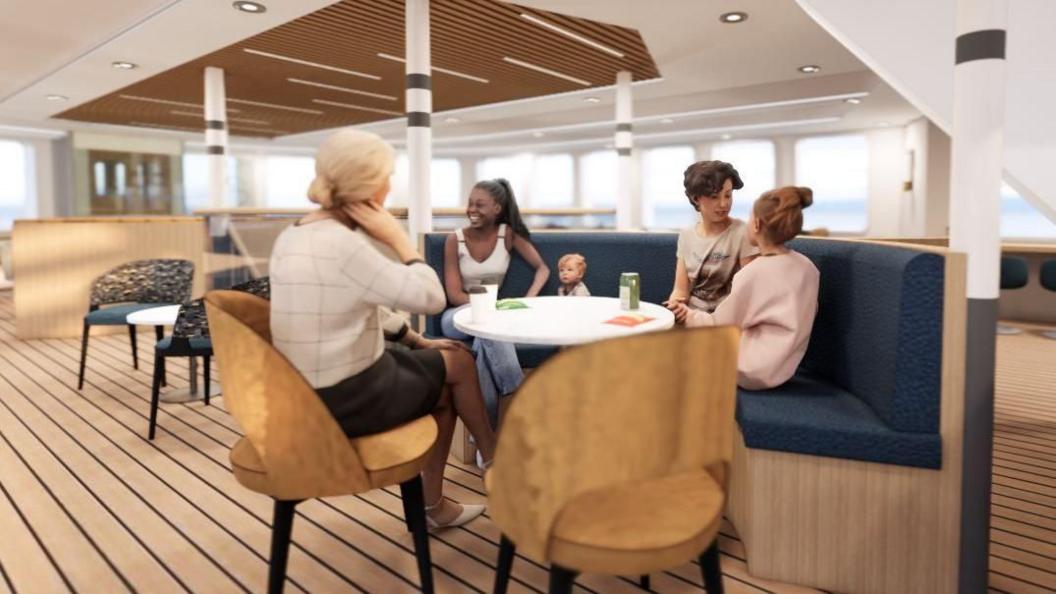 A CGI image showing people sitting around a table on a curved bench and chairs with views of the river outside the window