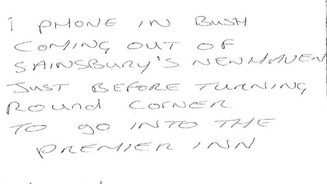 A handwritten not from Derek Martin confirming where he had discarded Chloe Bashford's phone