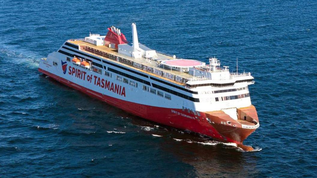 A red and white ship with Spirit of Tasmania written on the side. 