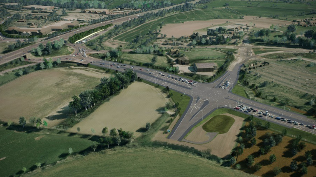 An aerial photo of the road with a partially completed junction