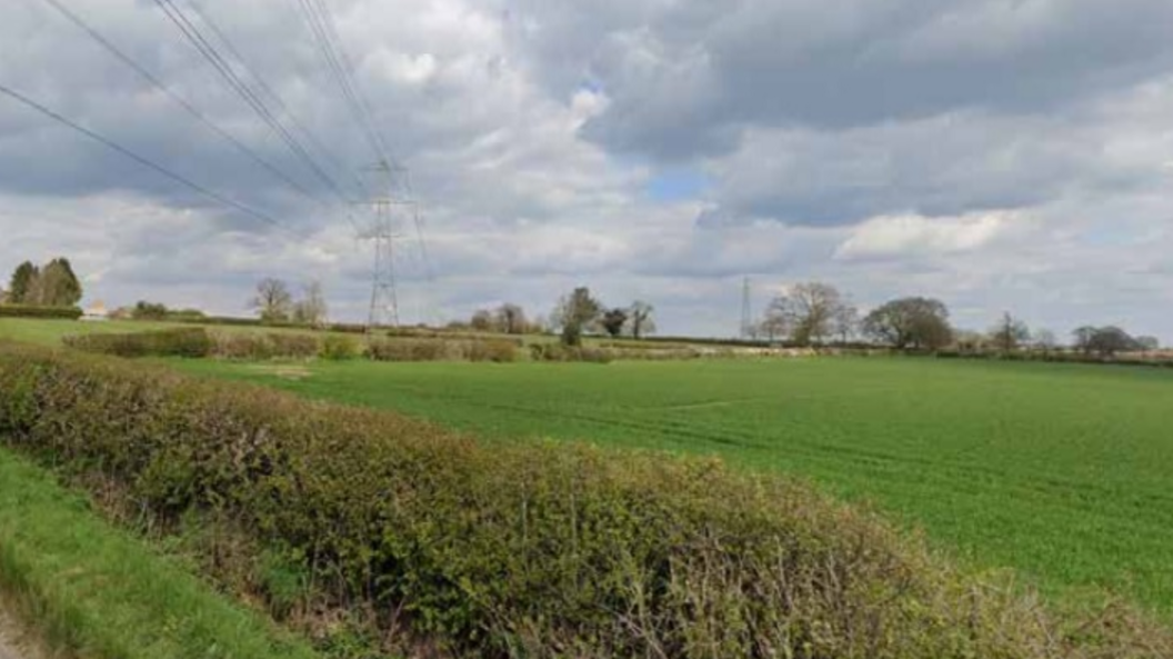 A field with and electricity pylon running overhead