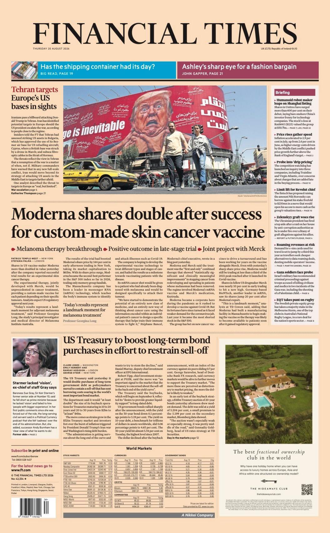 The headline on the front page of the Financial Times reads: "Moderna shares double after success for custom-made skin cancer vaccine."